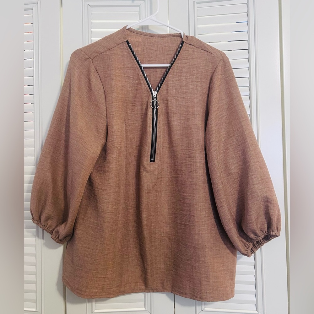 Chic Brown Women's Blouse with Zipper Accent